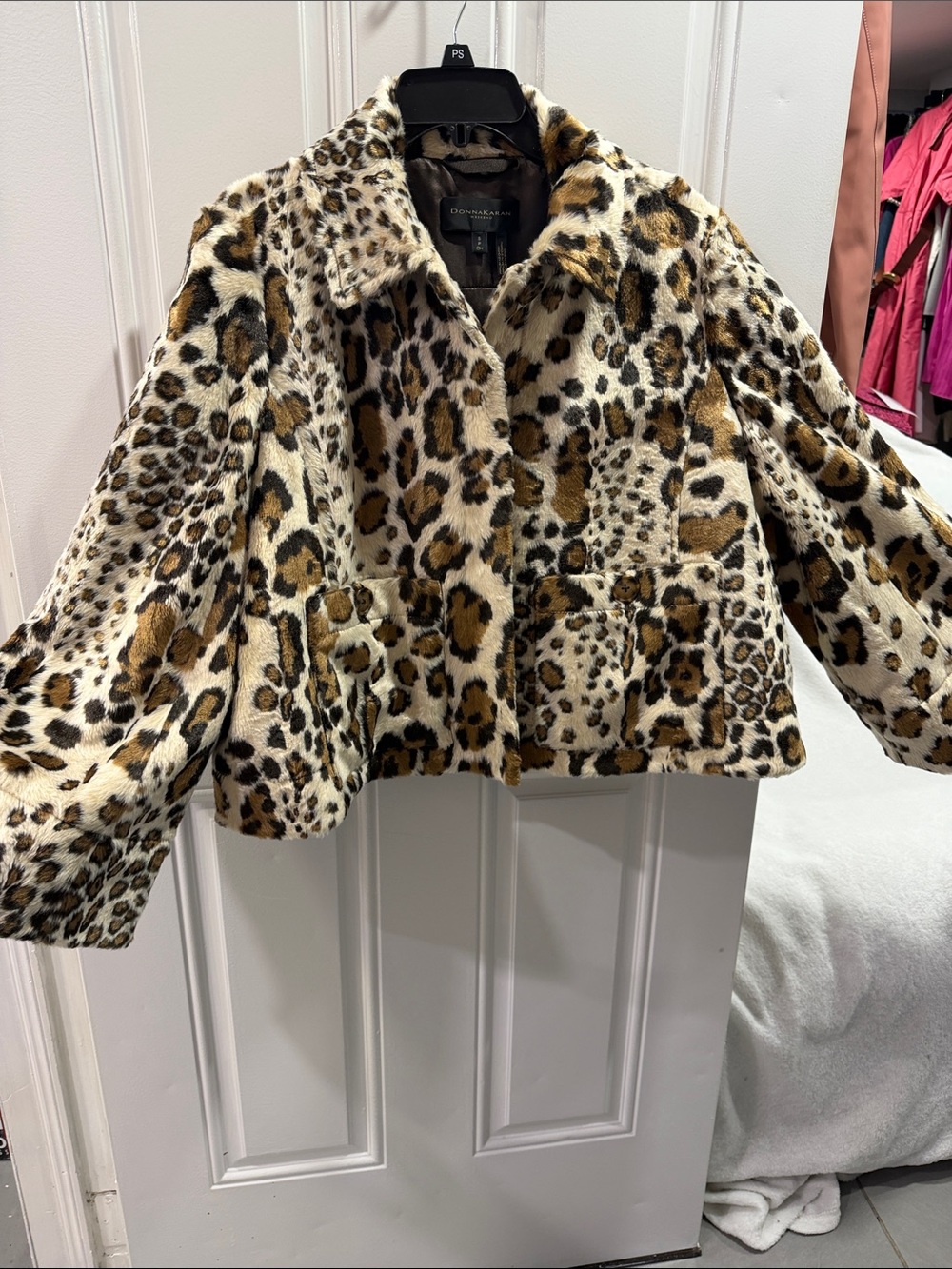 Donna Karan Leopard Print Faux Fur Jacket in Cream, Brown, Black